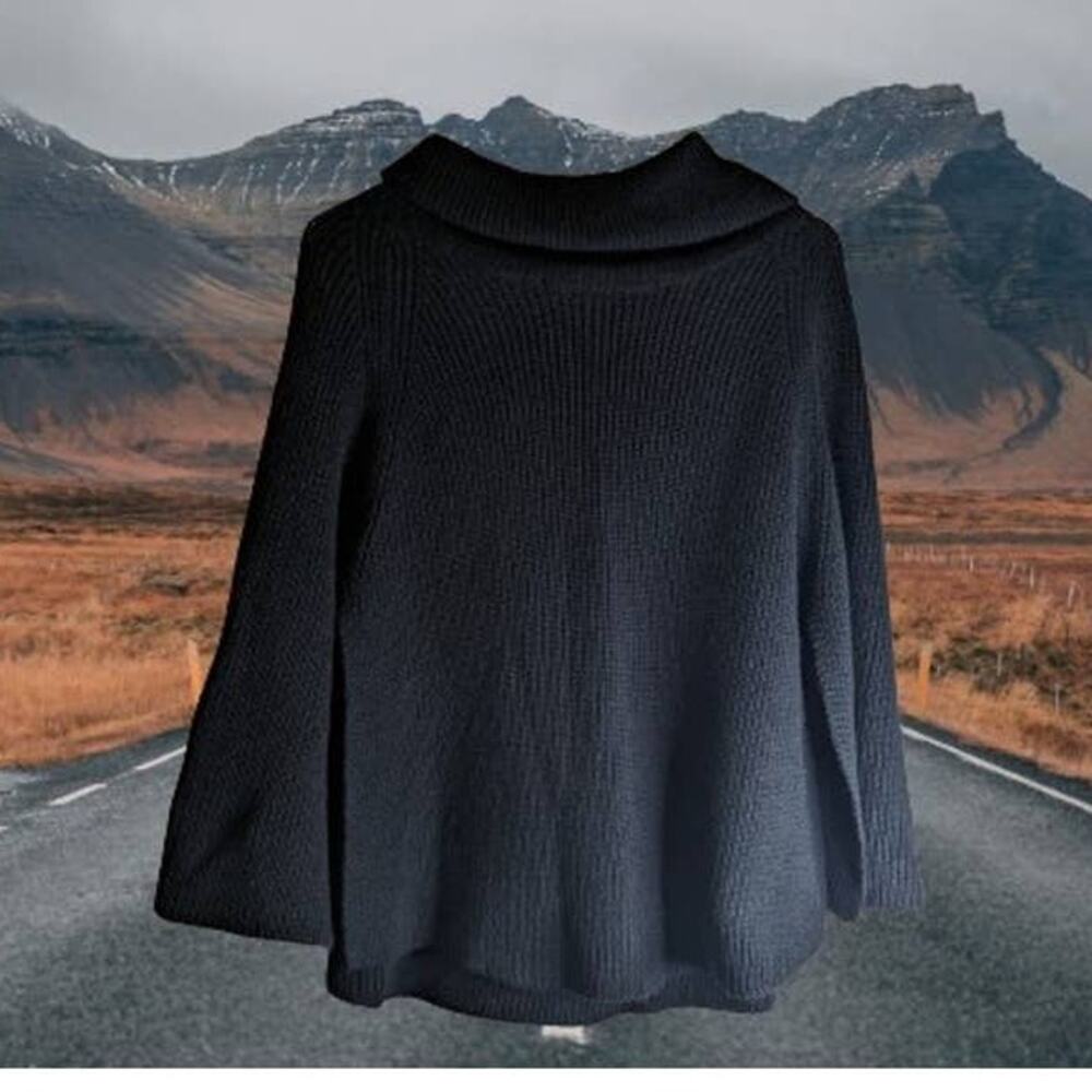 Moss Rose OS black knit pullover turtleneck poncho. Winter, Party, Gift.